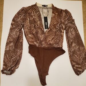 Fashion Nova Brown Patterned Bodysuit Top